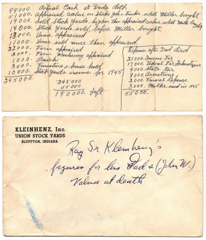 John W. Kleinhenz estate value in 1945. Handwritten by his son, Raymond Kleinhenz, on an envelope. Source: Nancy Gloubic Kleinehnz